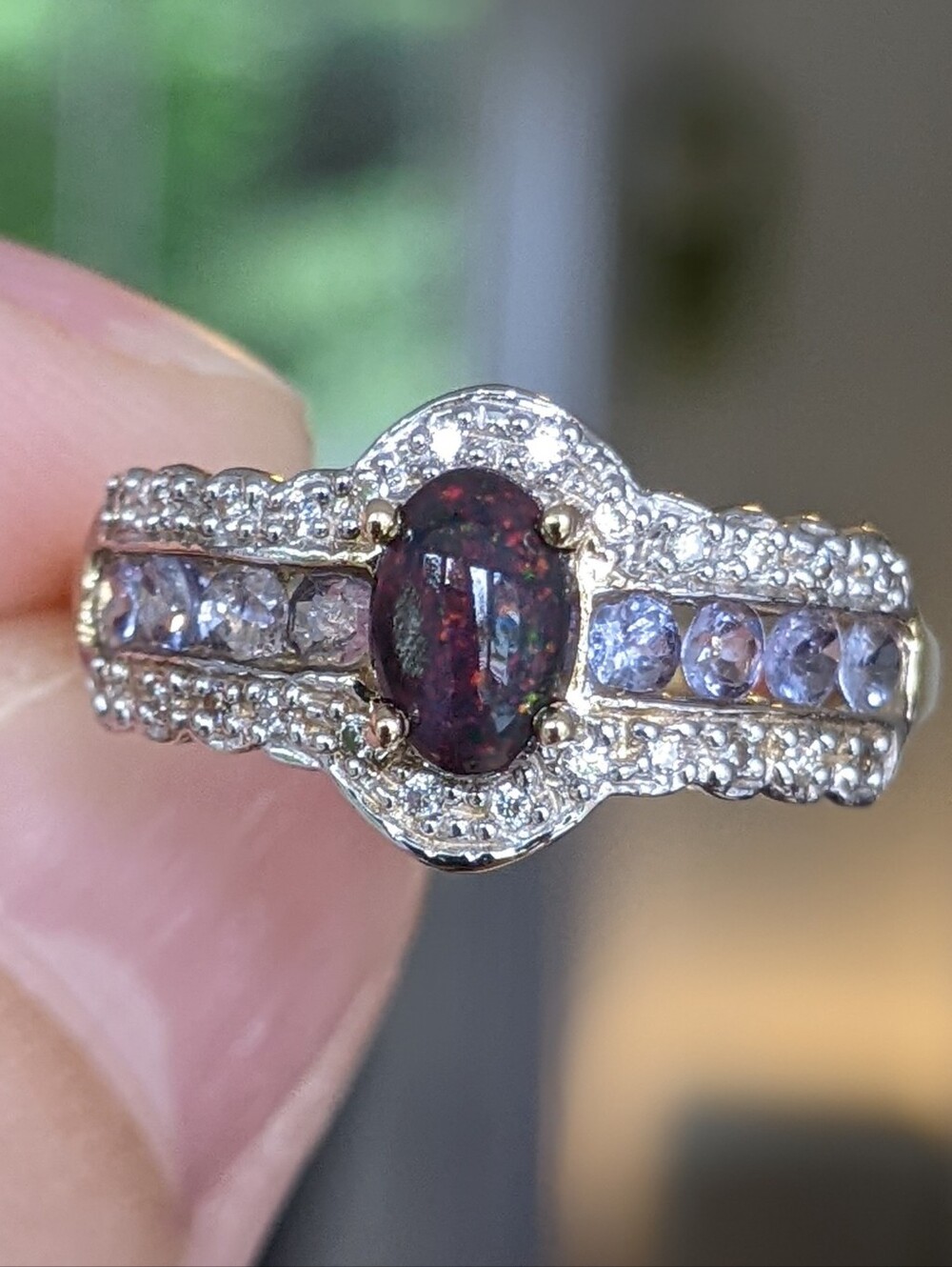 10K Gold Black Opal Ring With Tanzanite And Diamonds